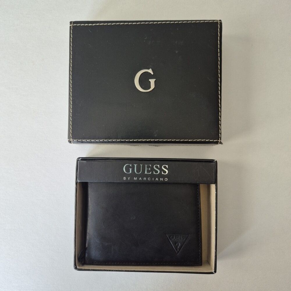 Guess Black Genuine Leather Logo Bi Fold Slim Wallet Mens with Box